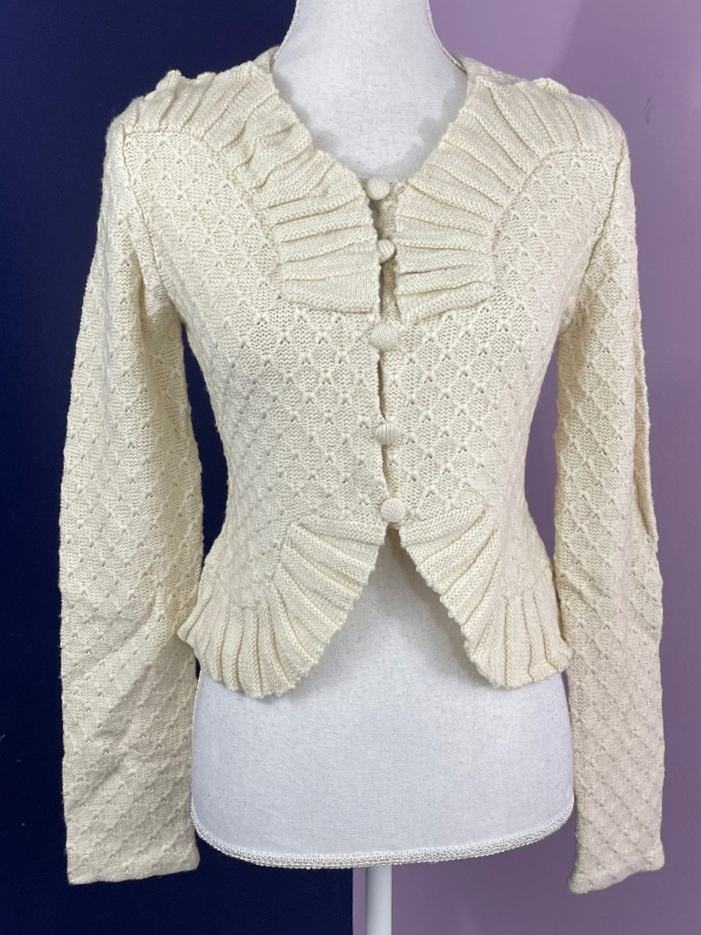 100% Wool Shimmer Pleated Cardigan S Cream Metallic Cropped Sweater Victorian